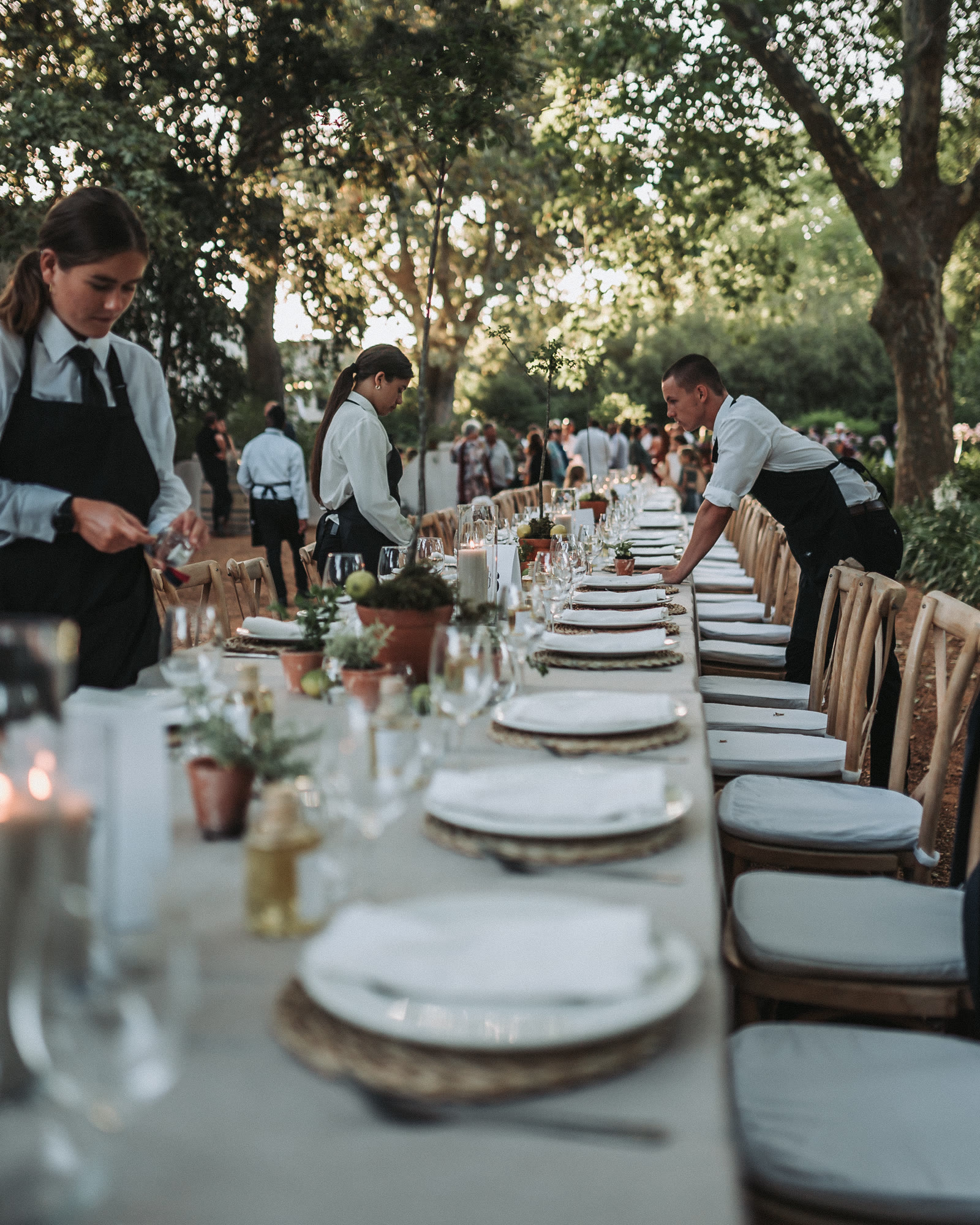 Silver Service team setting a long outdoor banquet table